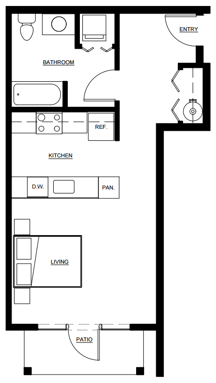 a floor plan of a small house with a bedroom and a living room